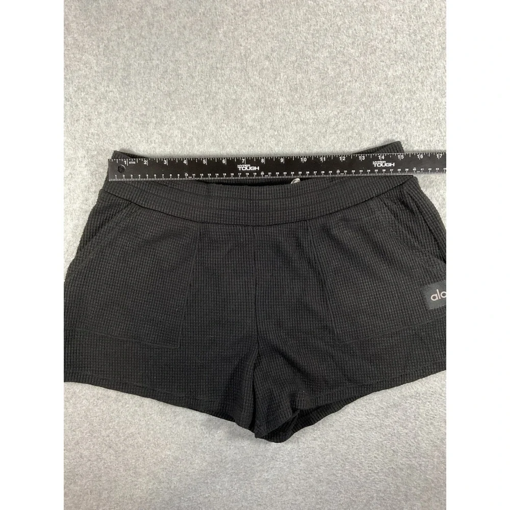 Alo Yoga Weekend Escape Waffle Knit High Waist Shorts Black Large 1602